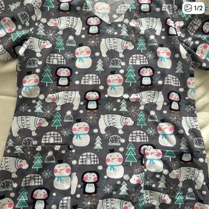 Penguin and Snowman Print Women's Scrub Top